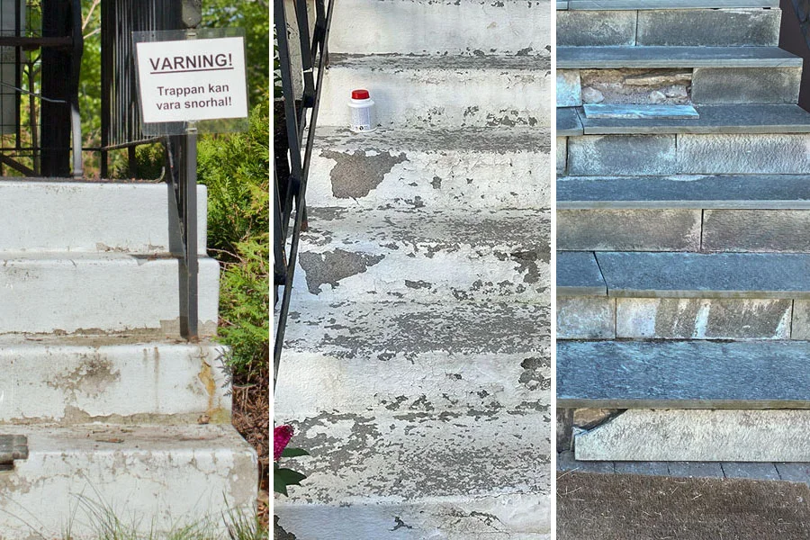 Tre vanliga problem på äldre betongtrappor: varningsskylt för halka, flagande färg och spruckna plattor